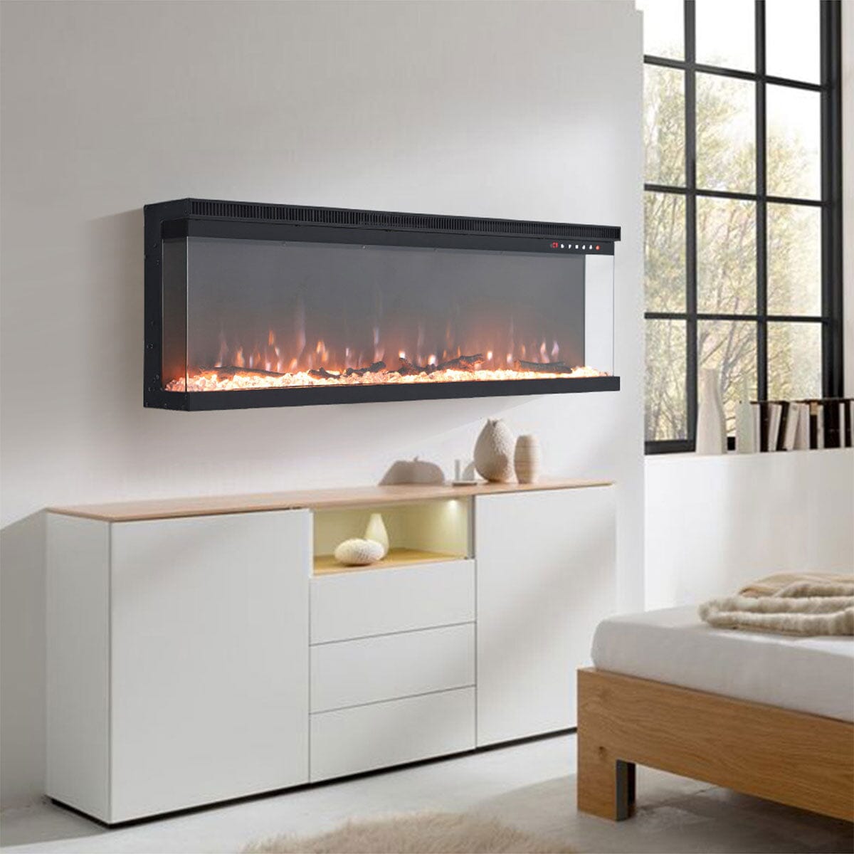40/50/60 - Inch 3 - Sided Freestanding Electric Fireplace 12 Flame Colours and 5 Brightness Modes - House Comfort