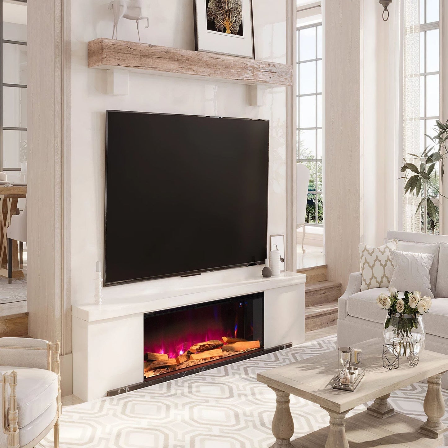 40/50/60/70 - Inch 3 - Sided Freestanding Electric Fireplace 12 Flame Colours and 5 Brightness Modes - House Comfort