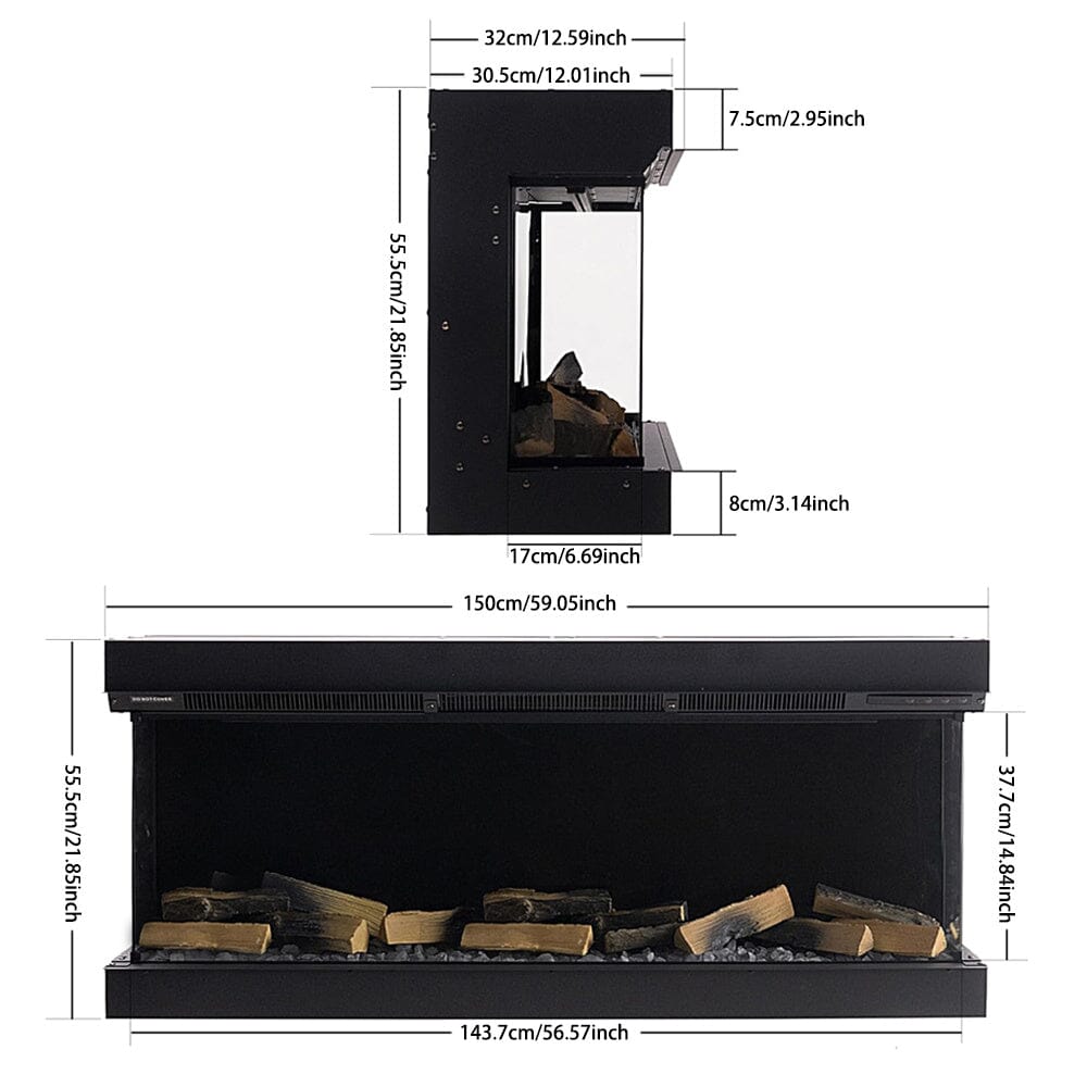 40/50/60/70 - Inch 3 - Sided Freestanding Electric Fireplace 12 Flame Colours and 5 Brightness Modes - House Comfort