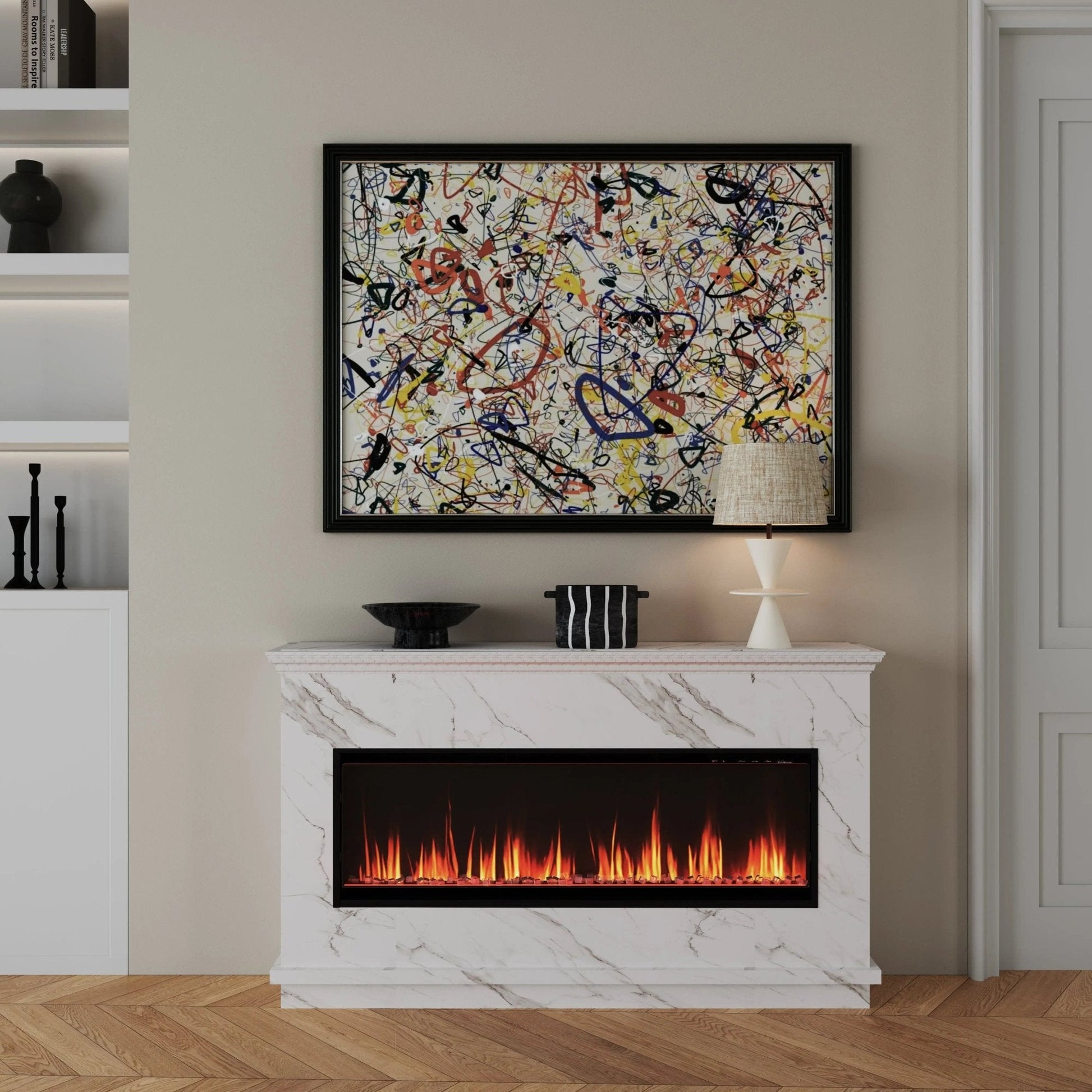 40/50/60inch Black Wall Mounted & Recessed Electric Fireplace with Adjustable Flame & Brightness - House Comfort