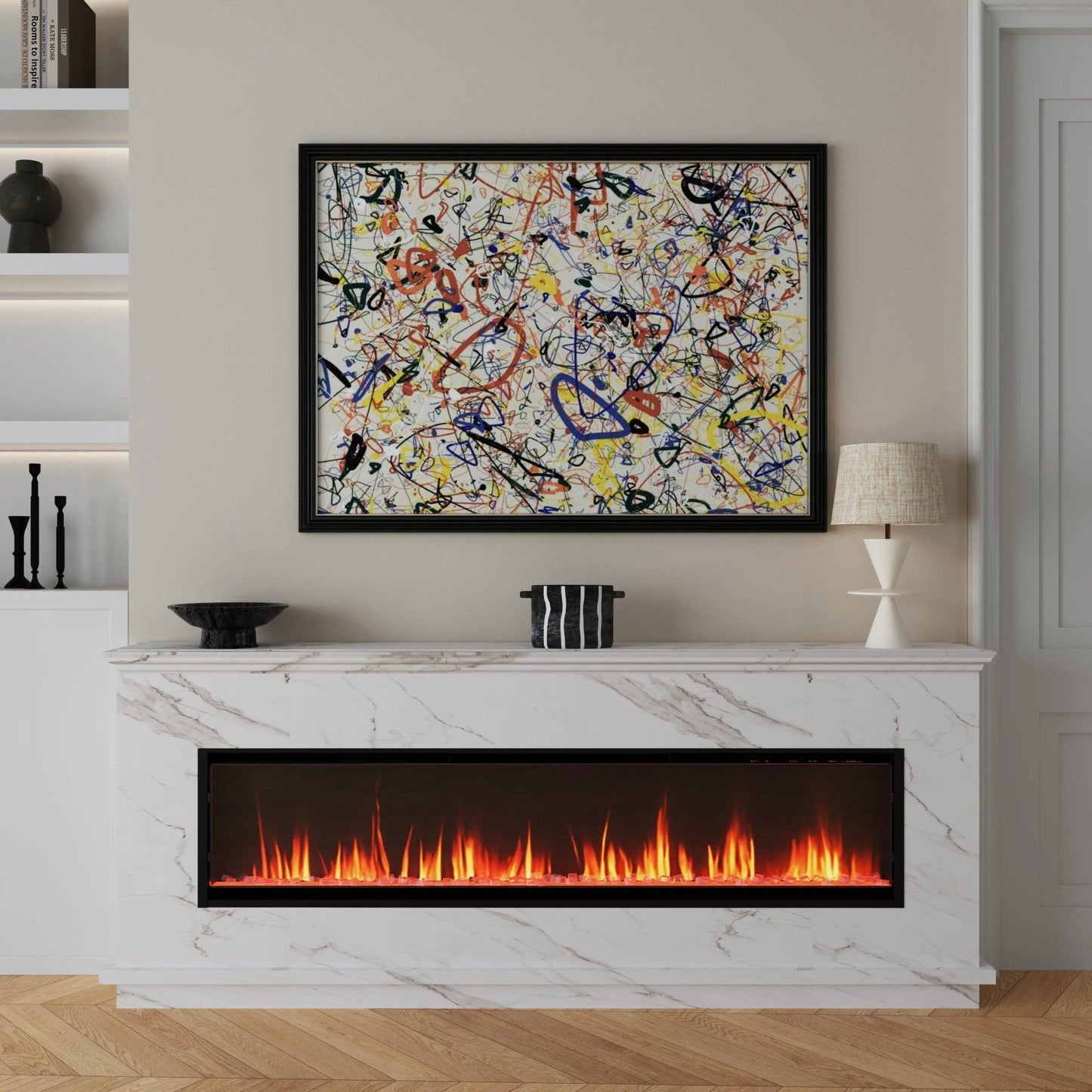 40/50/60inch Black Wall Mounted & Recessed Electric Fireplace with Adjustable Flame & Brightness - House Comfort