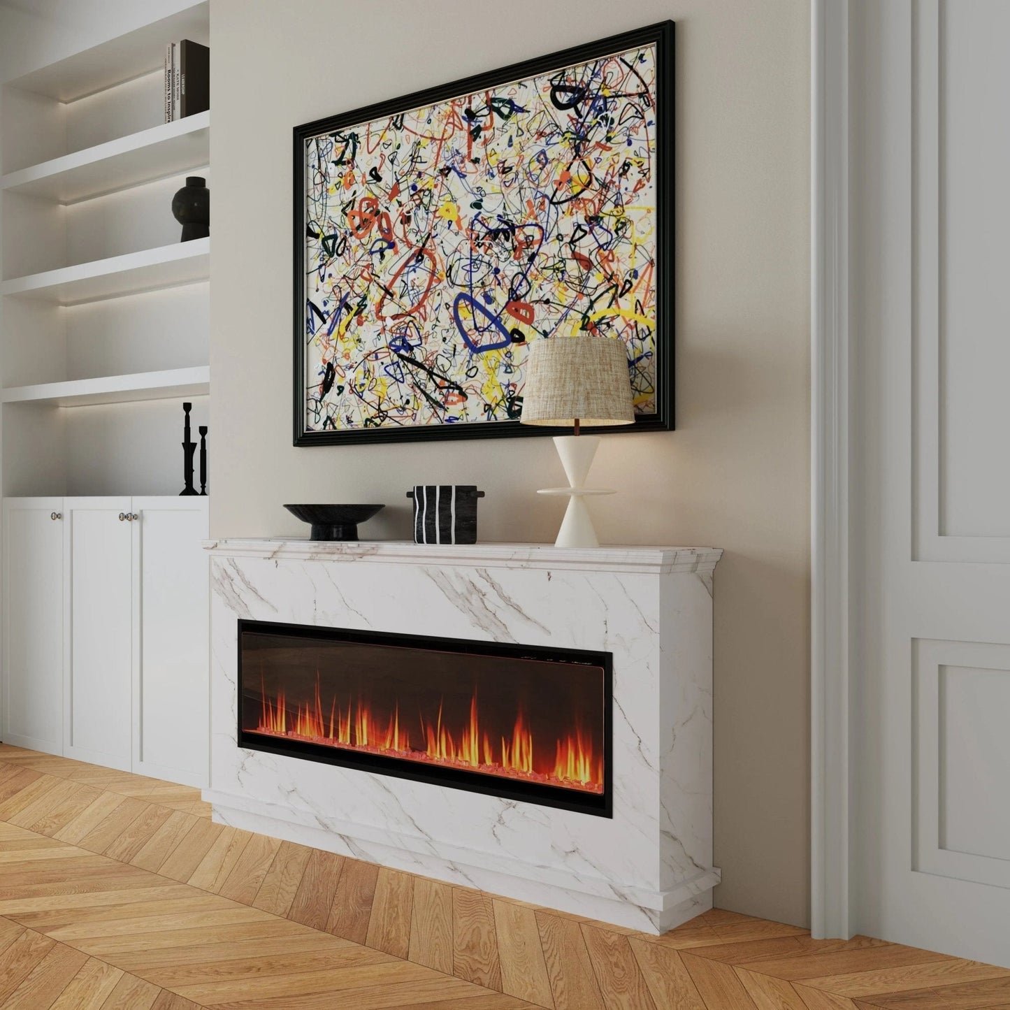 40/50/60inch Black Wall Mounted & Recessed Electric Fireplace with Adjustable Flame & Brightness - House Comfort