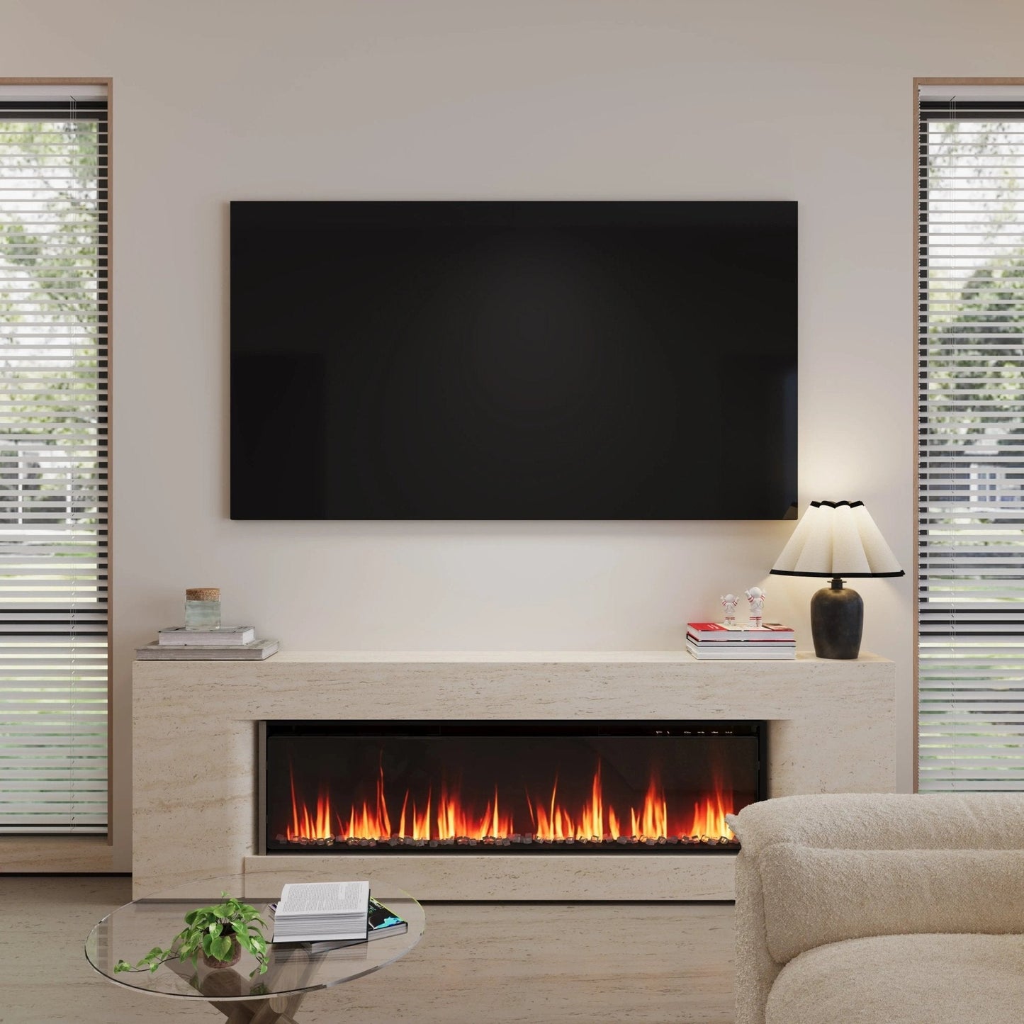 40/50/60inch Black Wall Mounted & Recessed Electric Fireplace with Adjustable Flame & Brightness - House Comfort