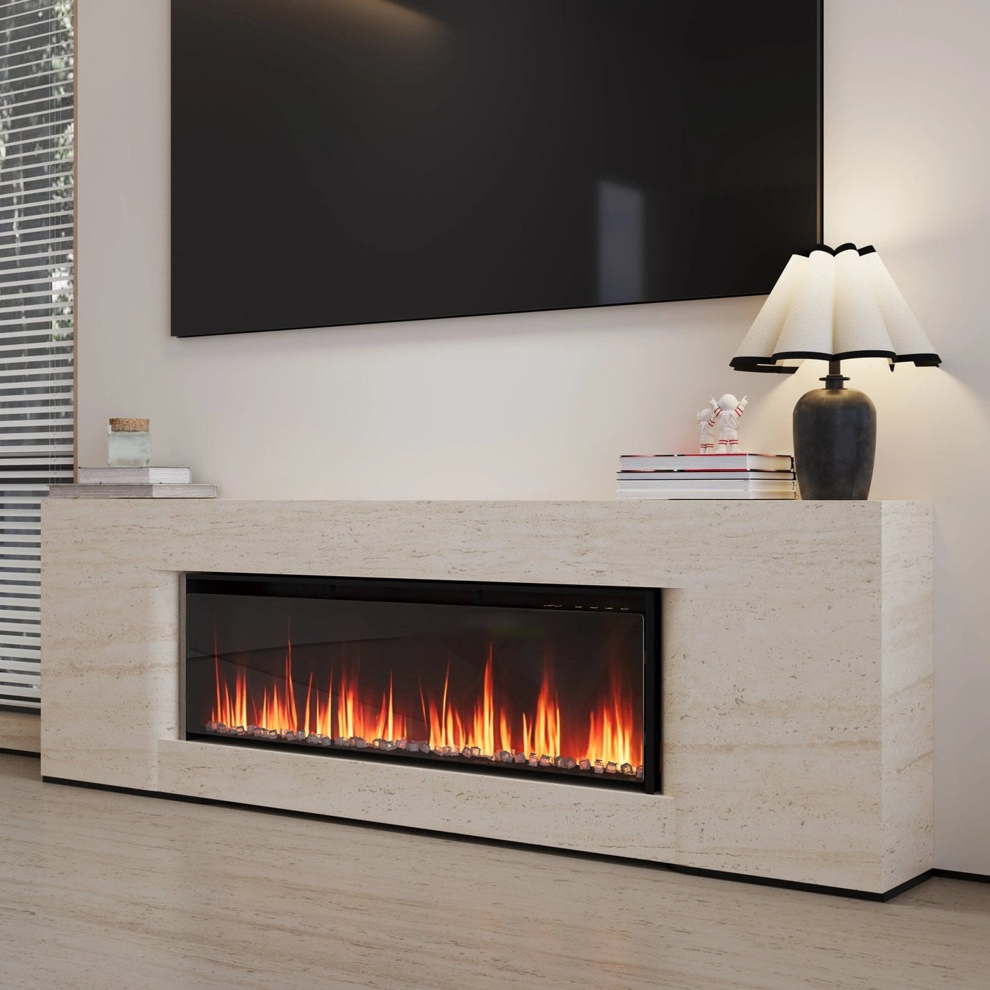 40/50/60inch Black Wall Mounted & Recessed Electric Fireplace with Adjustable Flame & Brightness - House Comfort