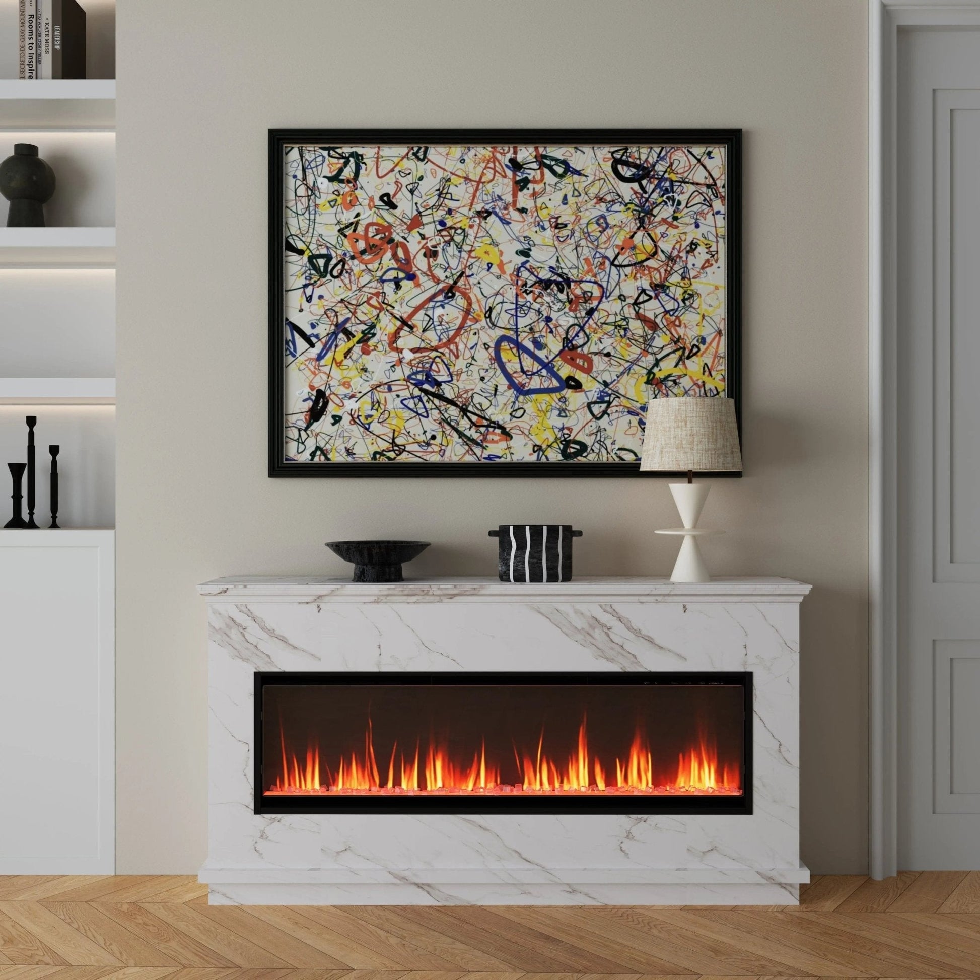 40/50/60inch Black Wall Mounted & Recessed Electric Fireplace with Adjustable Flame & Brightness - House Comfort