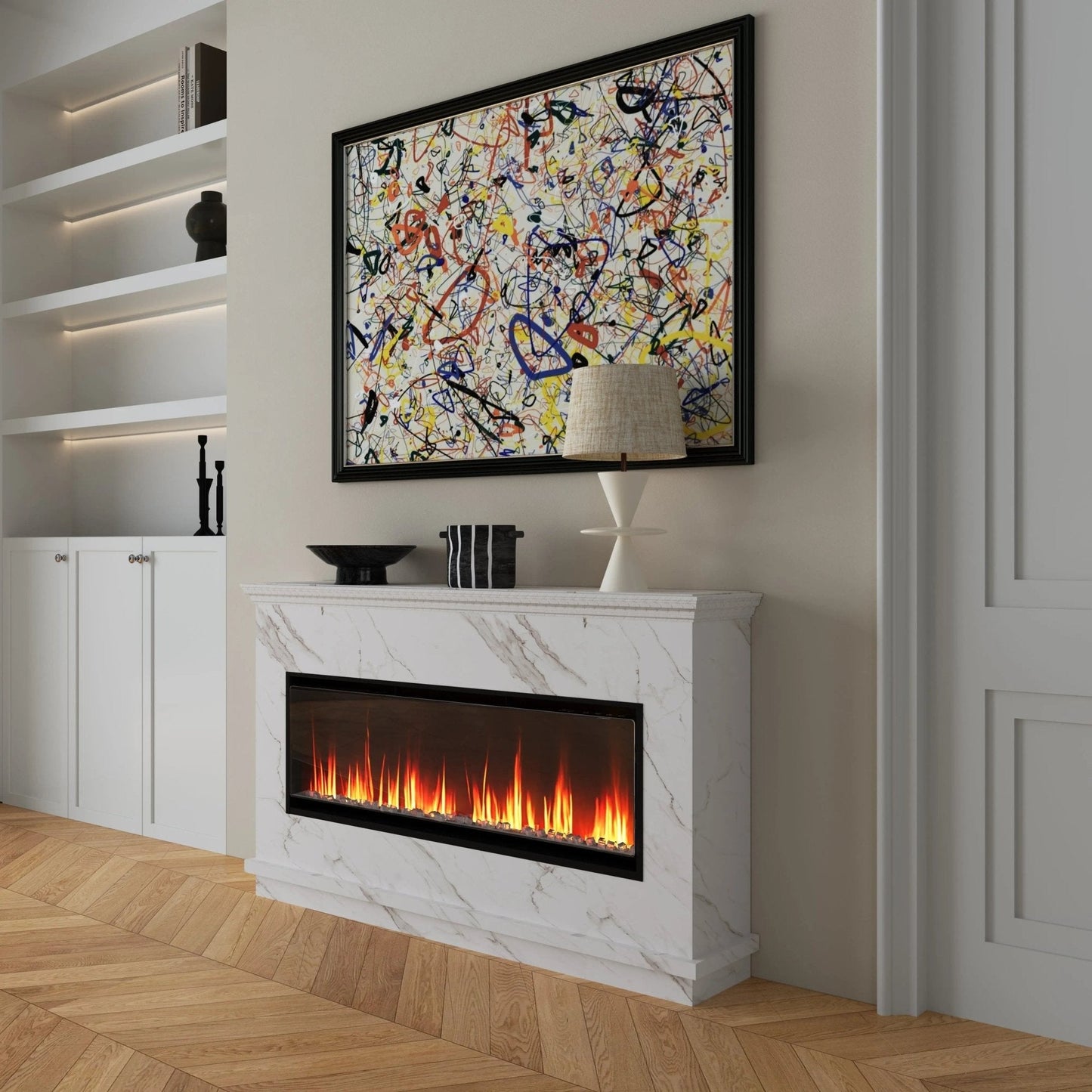 40/50/60inch Black Wall Mounted & Recessed Electric Fireplace with Adjustable Flame & Brightness - House Comfort