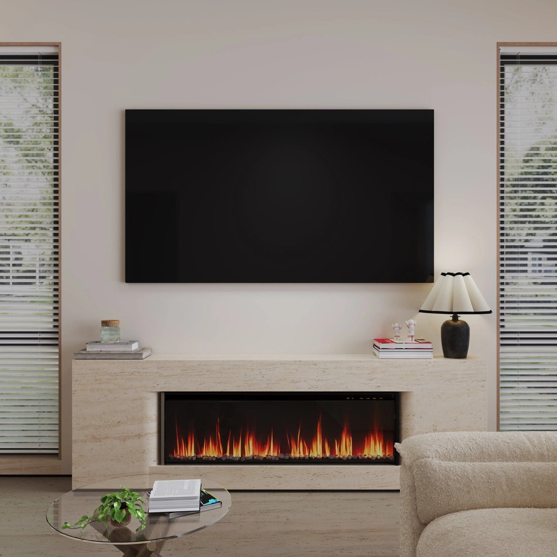 40/50/60inch Black Wall Mounted & Recessed Electric Fireplace with Adjustable Flame & Brightness - House Comfort