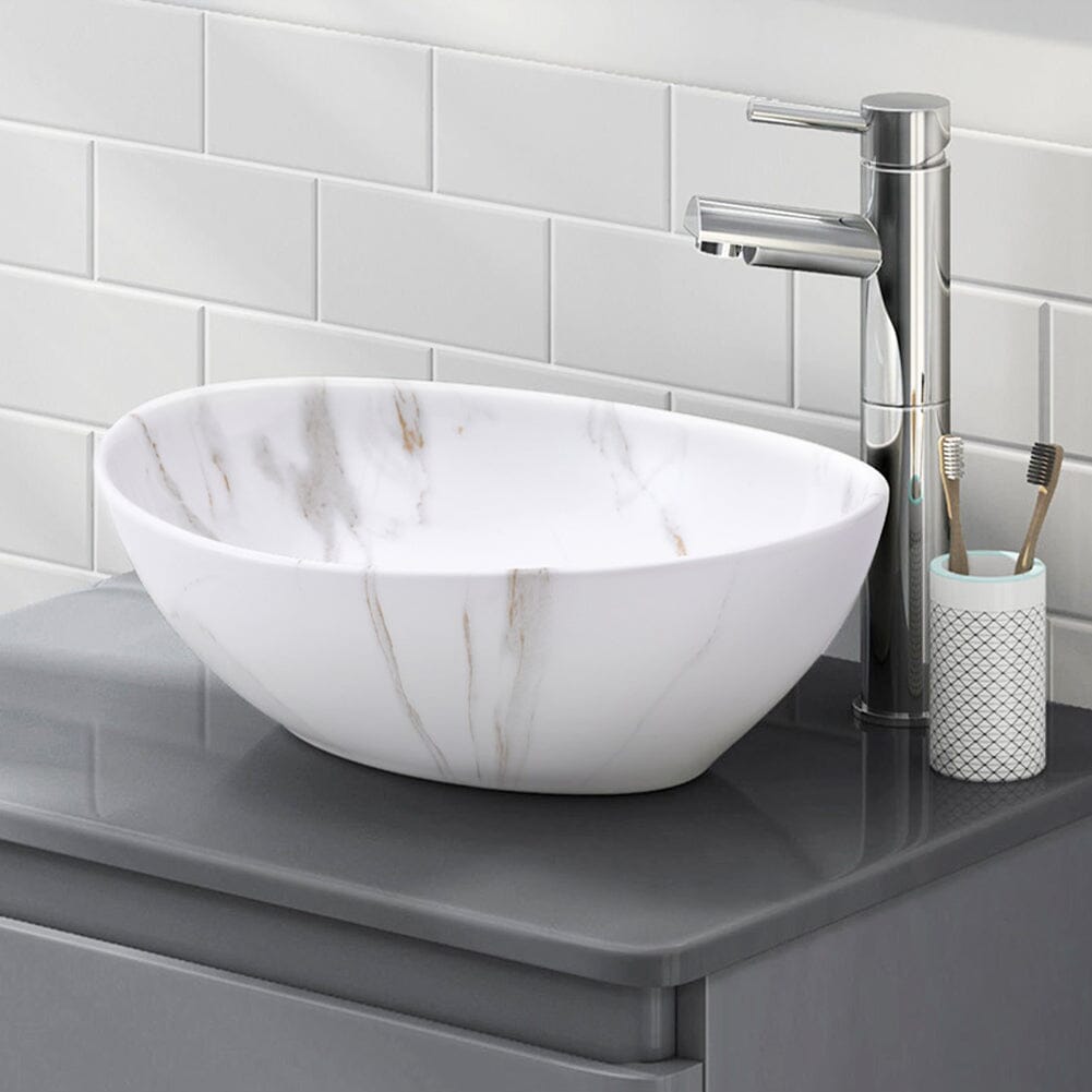 41.5cm W x 13.5cm D White Oval Marble Vessel Bathroom Sink - House Comfort