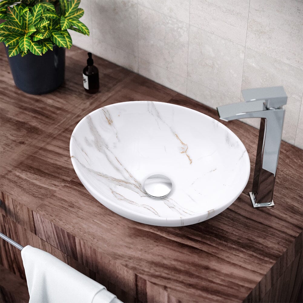 41.5cm W x 13.5cm D White Oval Marble Vessel Bathroom Sink - House Comfort