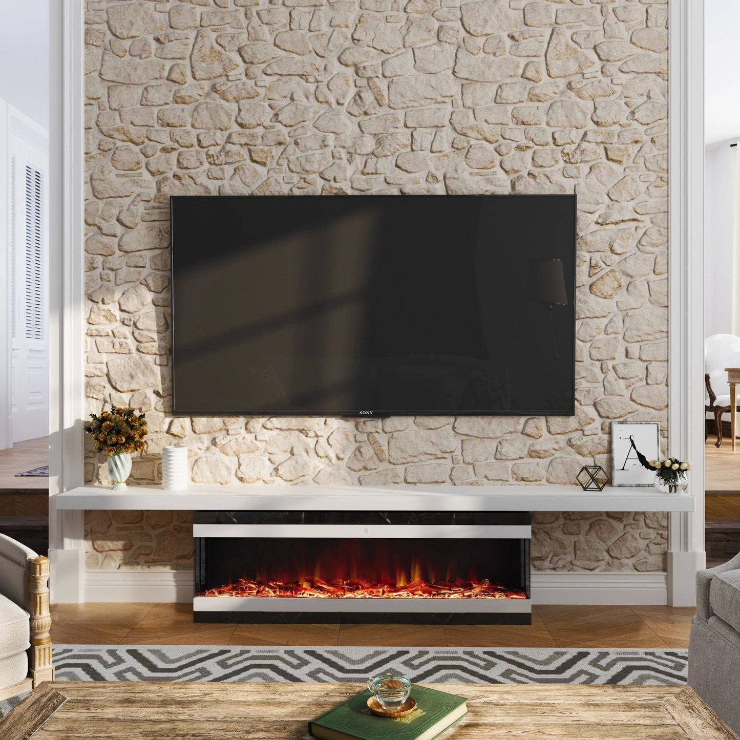 42/48/56/72inch 3 - Sided Black/White Electric Fireplace with Remote Control, WiFi Function, Adjustable LED Flames and Heating Modes - House Comfort