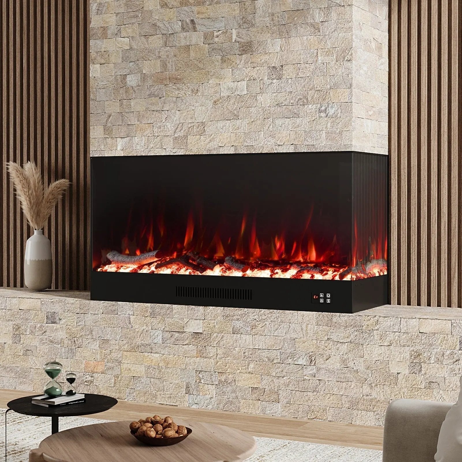 46/60inch L - Shaped Electric Fireplace – WiFi Control, LED Display, Resin Logs & Crystal Stones with Heating - House Comfort