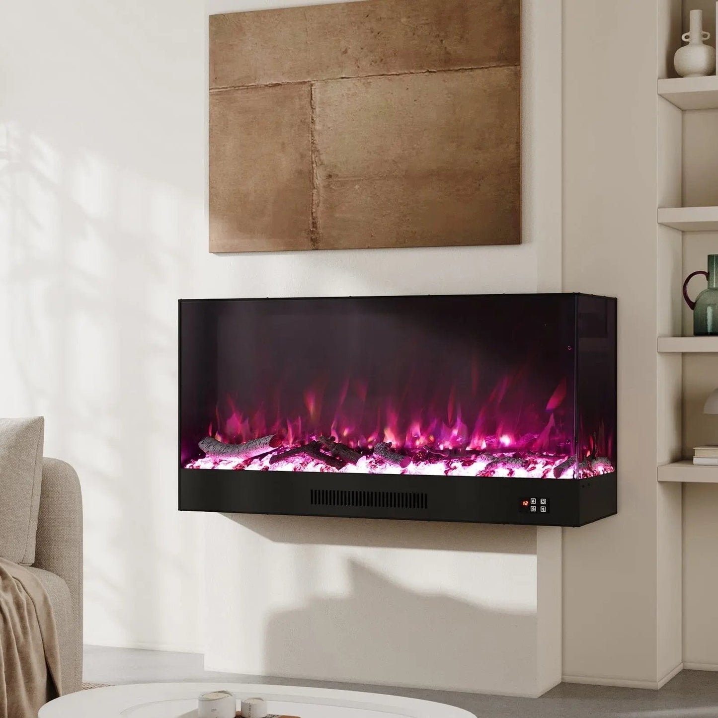 46/60inch L - Shaped Electric Fireplace – WiFi Control, LED Display, Resin Logs & Crystal Stones with Heating - House Comfort