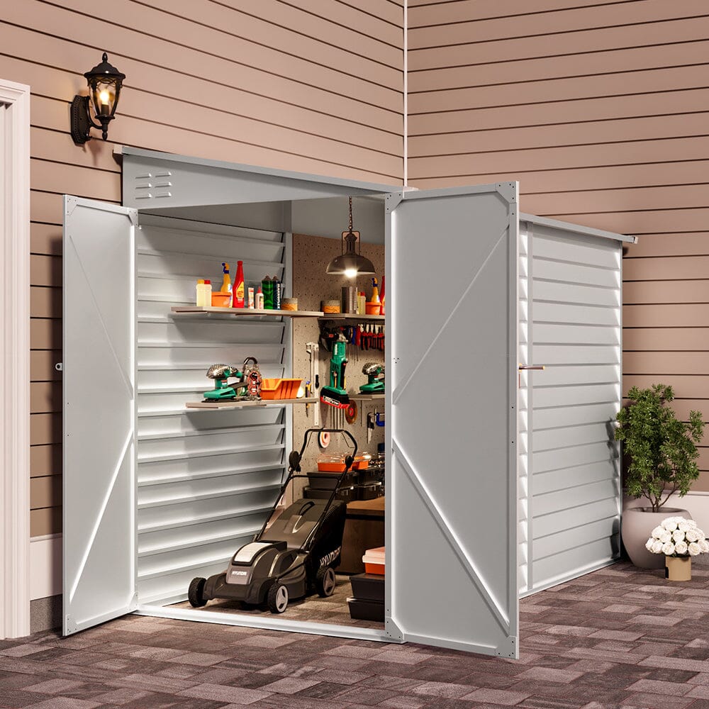 4.6×9 ft Steel Garden Bike Storage Shed Grey/White/Black Lockable - House Comfort