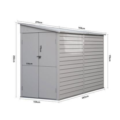 4.6×9 ft Steel Garden Bike Storage Shed Grey/White/Black Lockable - House Comfort