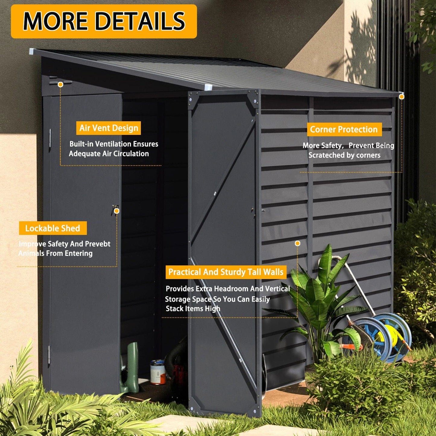 4.6×9 ft Steel Garden Bike Storage Shed Grey/White/Black Lockable - House Comfort
