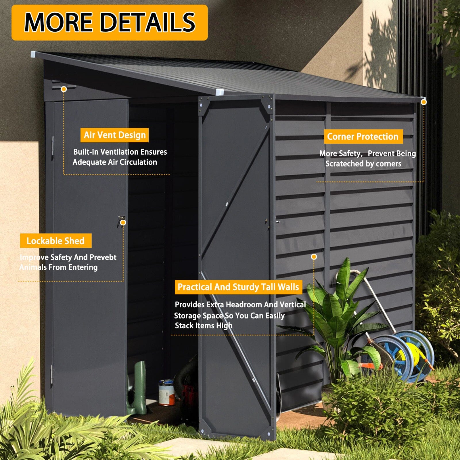 4.6×9 ft Steel Garden Bike Storage Shed Grey/White/Black Lockable - House Comfort