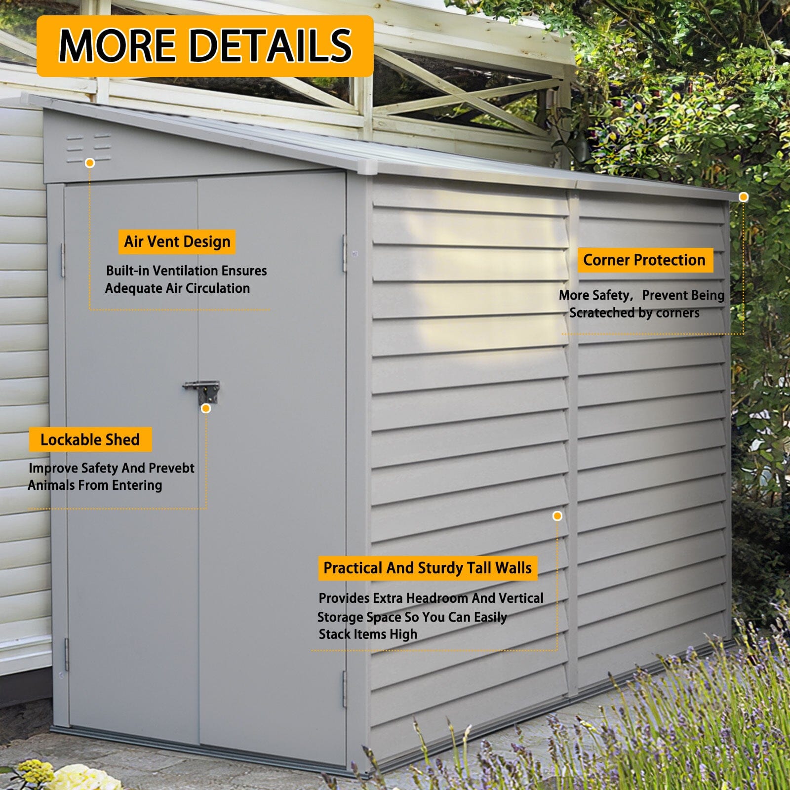 4.6×9 ft Steel Garden Bike Storage Shed Grey/White/Black Lockable - House Comfort