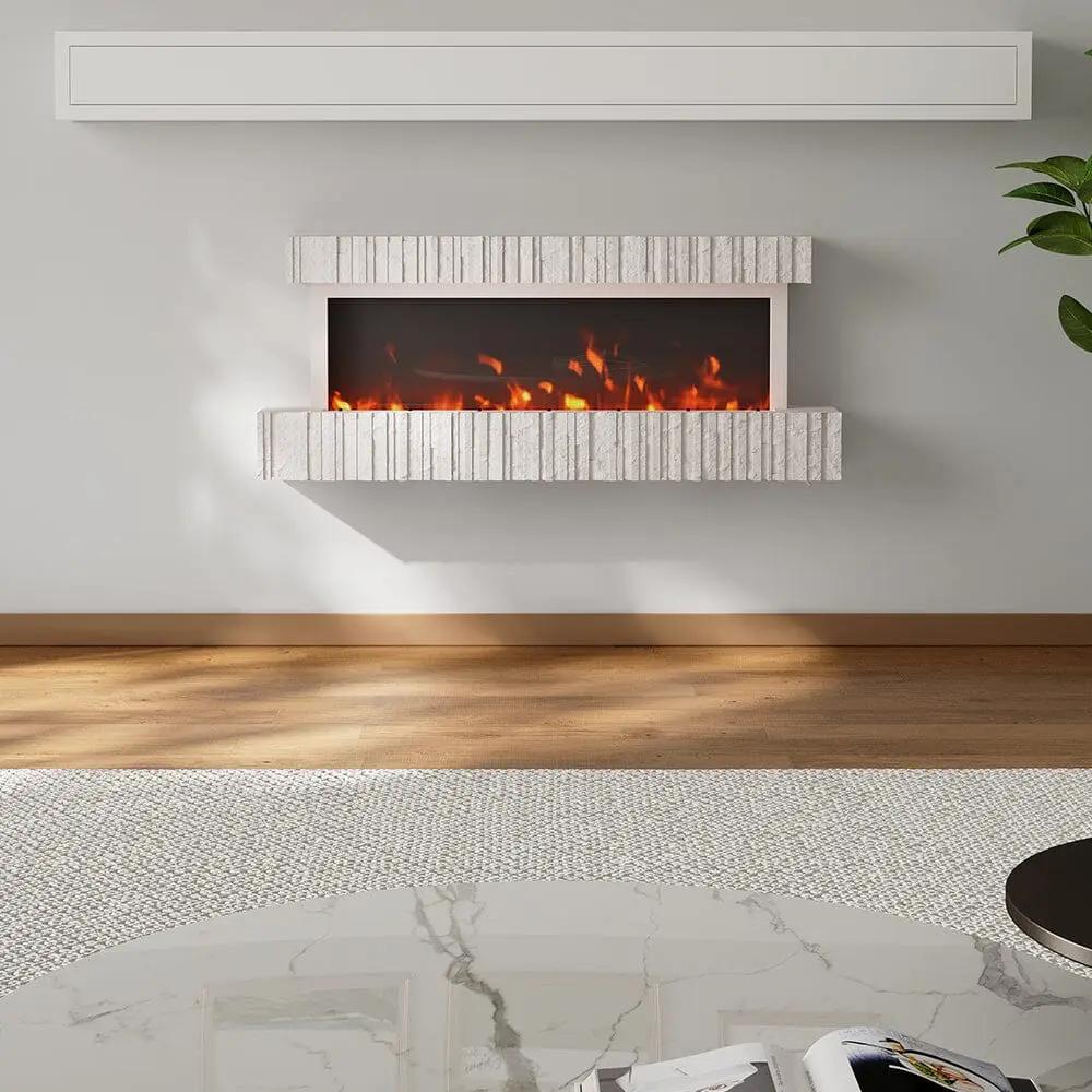47/59 Inch Wall Mounted Electric Fireplace with Faux Stone Mantel, WiFi, Remote & LED Flames - House Comfort