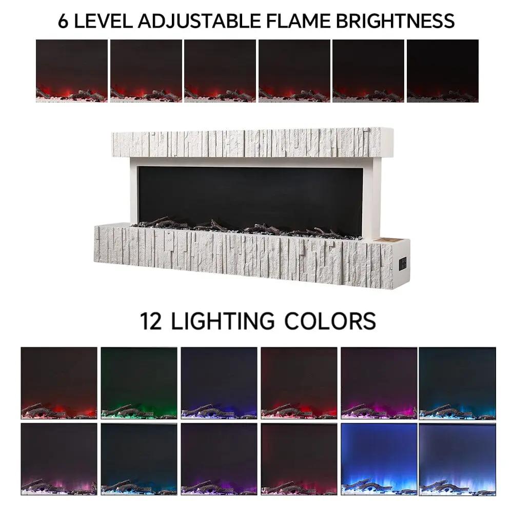 47/59 Inch Wall Mounted Electric Fireplace with Faux Stone Mantel, WiFi, Remote & LED Flames - House Comfort