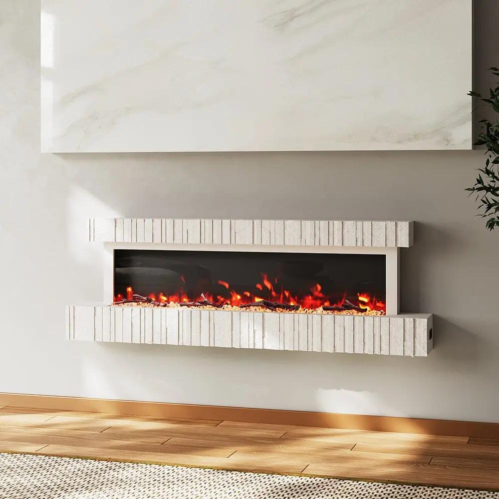 47/59 Inch Wall Mounted Electric Fireplace with Faux Stone Mantel, WiFi, Remote & LED Flames - House Comfort