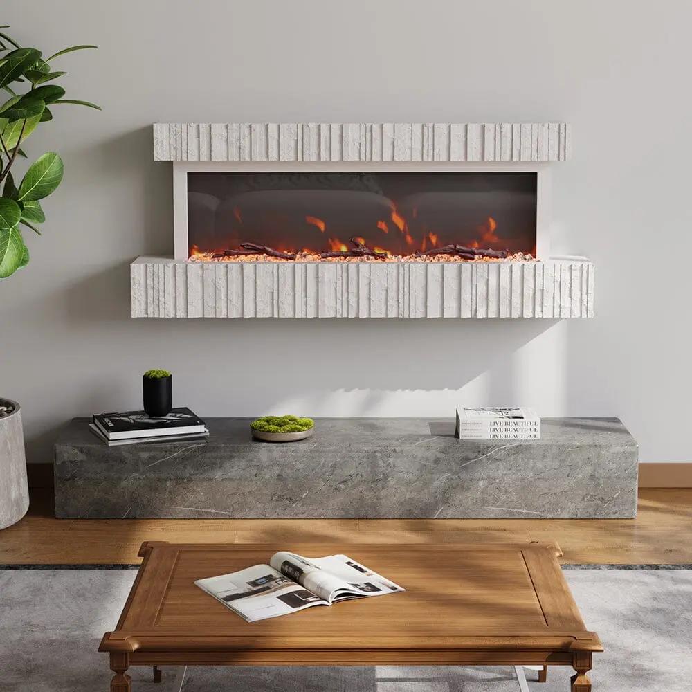 47/59 Inch Wall Mounted Electric Fireplace with Faux Stone Mantel, WiFi, Remote & LED Flames - House Comfort