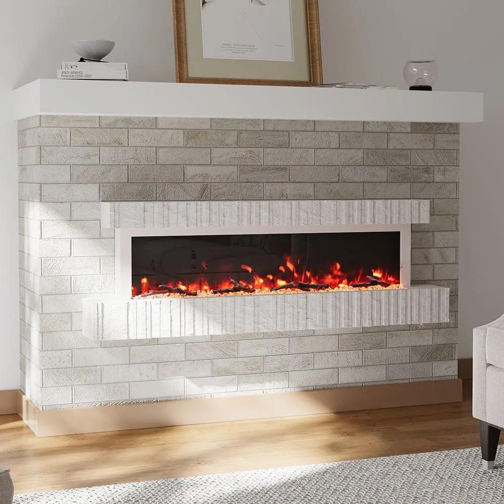 47/59 Inch Wall Mounted Electric Fireplace with Faux Stone Mantel, WiFi, Remote & LED Flames - House Comfort
