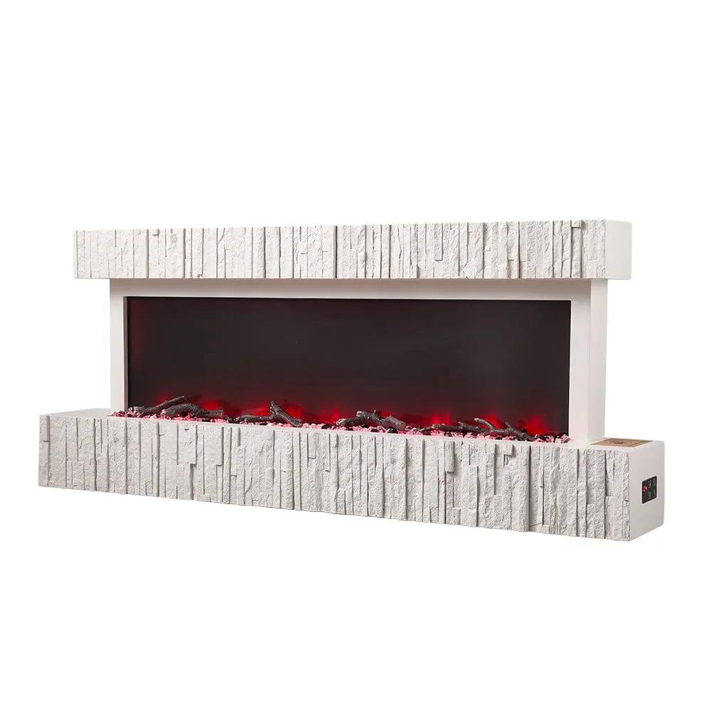 47/59 Inch Wall Mounted Electric Fireplace with Faux Stone Mantel, WiFi, Remote & LED Flames - House Comfort