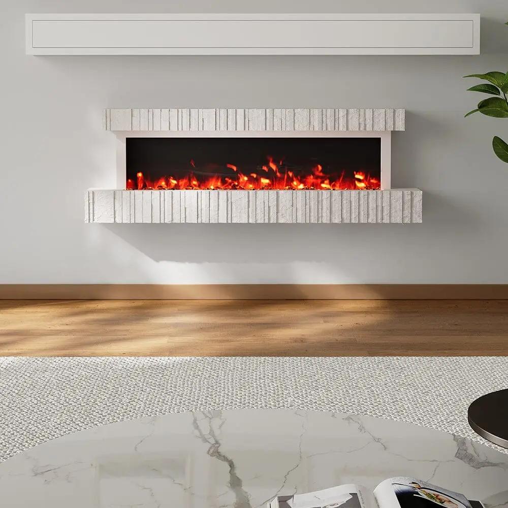 47/59 Inch Wall Mounted Electric Fireplace with Faux Stone Mantel, WiFi, Remote & LED Flames - House Comfort