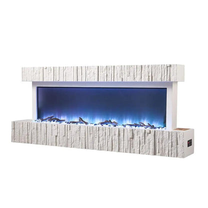 47/59 Inch Wall Mounted Electric Fireplace with Faux Stone Mantel, WiFi, Remote & LED Flames - House Comfort