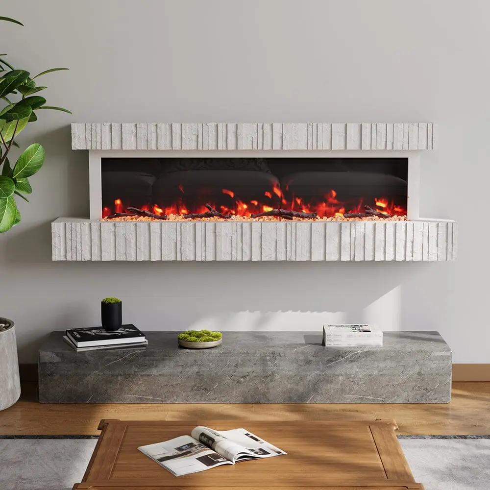 47/59 Inch Wall Mounted Electric Fireplace with Faux Stone Mantel, WiFi, Remote & LED Flames - House Comfort