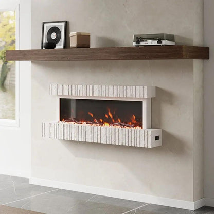 47/59 Inch Wall Mounted Electric Fireplace with Faux Stone Mantel, WiFi, Remote & LED Flames - House Comfort
