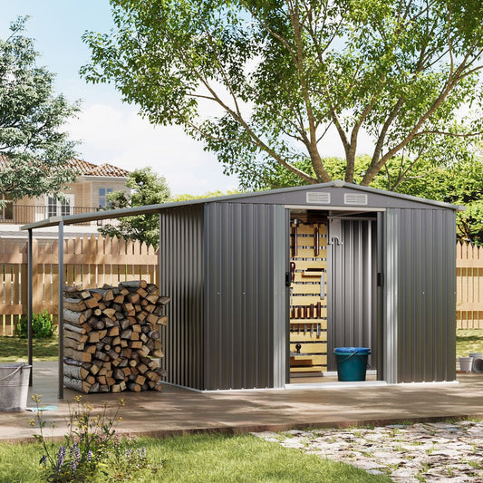 4×8 ft/ 6×8 ft Metal GardenStorage Shed with Log Storage - House Comfort