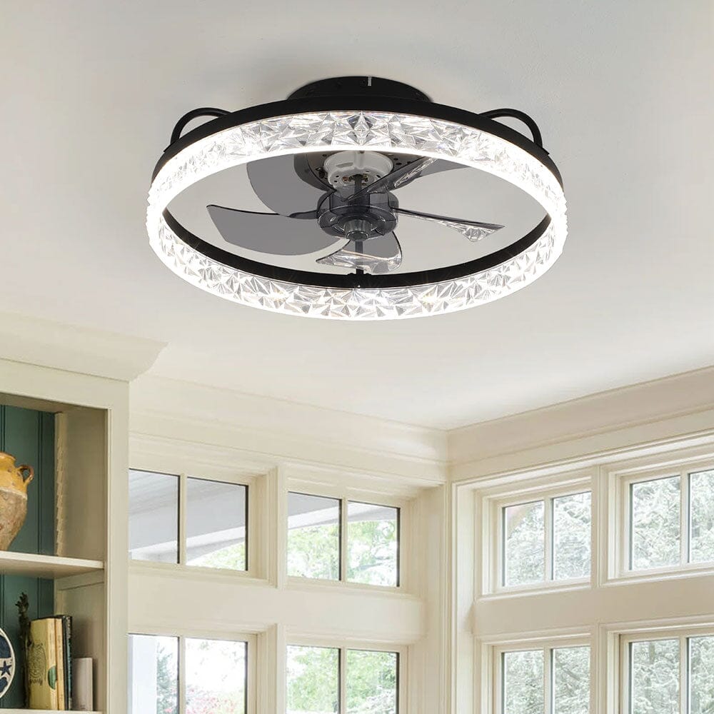 48cm Modern Black Round Crystal Ceiling Fan with Light - House Comfort