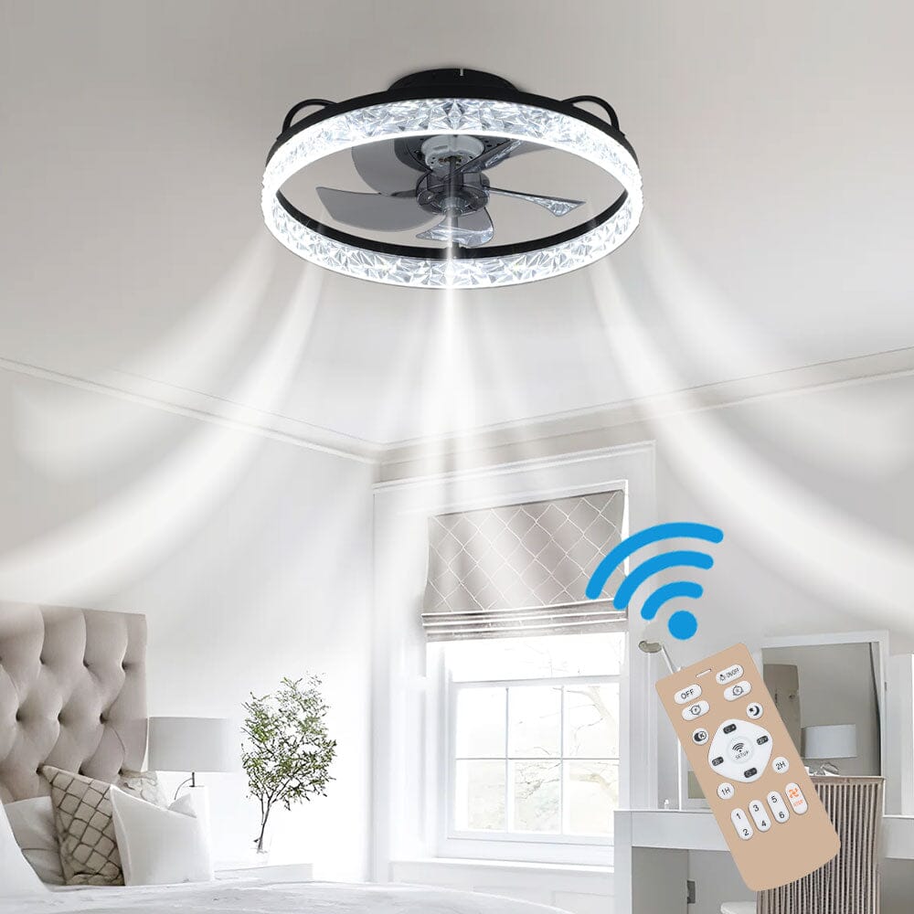 48cm Modern Black Round Crystal Ceiling Fan with Light - House Comfort