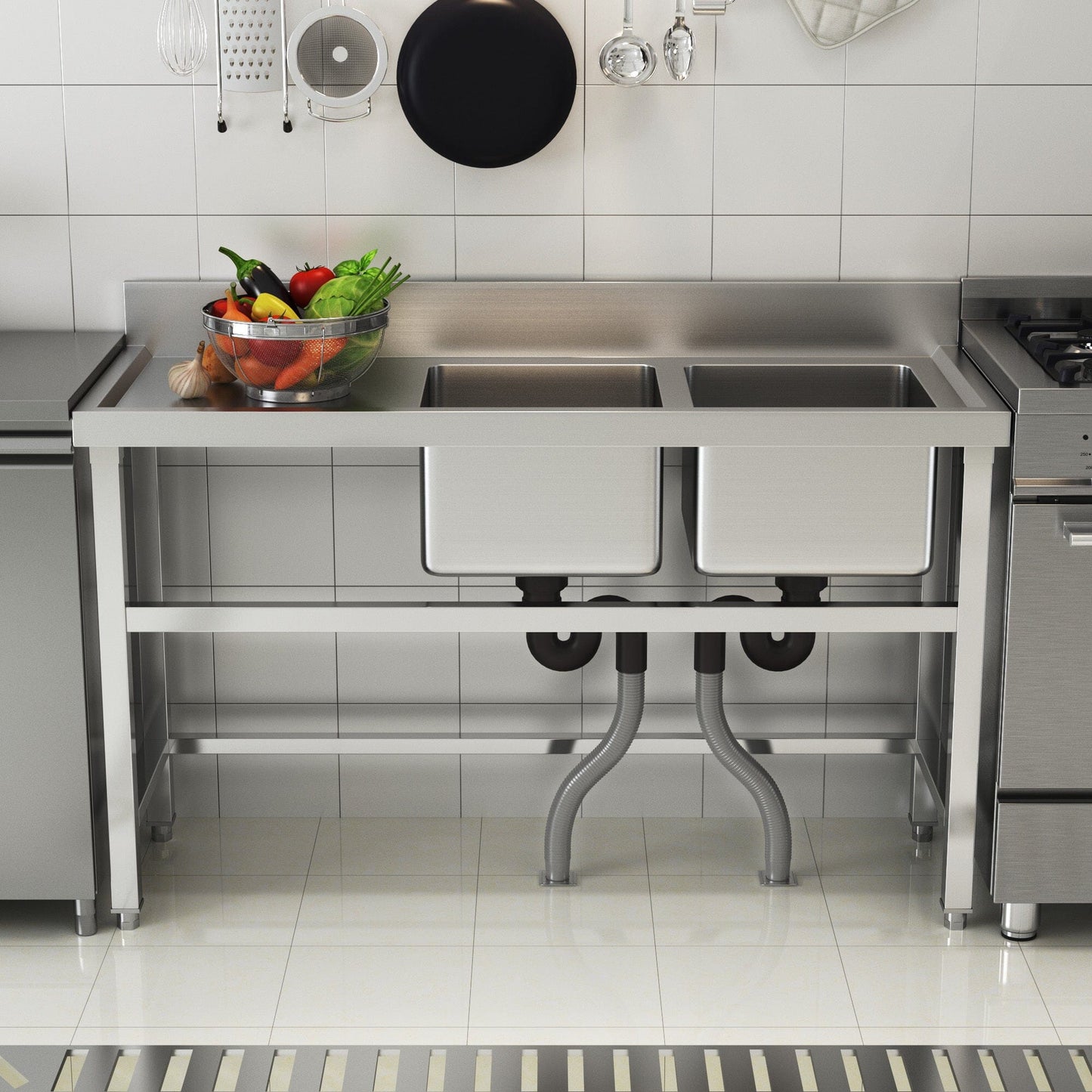 4ft Stainless Steel Kitchen Commercial 3 - compartment Sink with Drainboard - House Comfort
