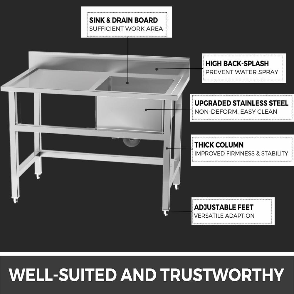 4ft W Stainless Steel Kitchen Commercial Catering Sink with 1/2 Large Compartments - House Comfort