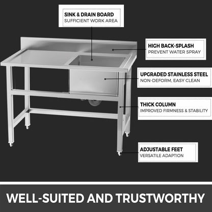 4ft W Stainless Steel Kitchen Commercial Catering Sink with 1/2 Large Compartments - House Comfort
