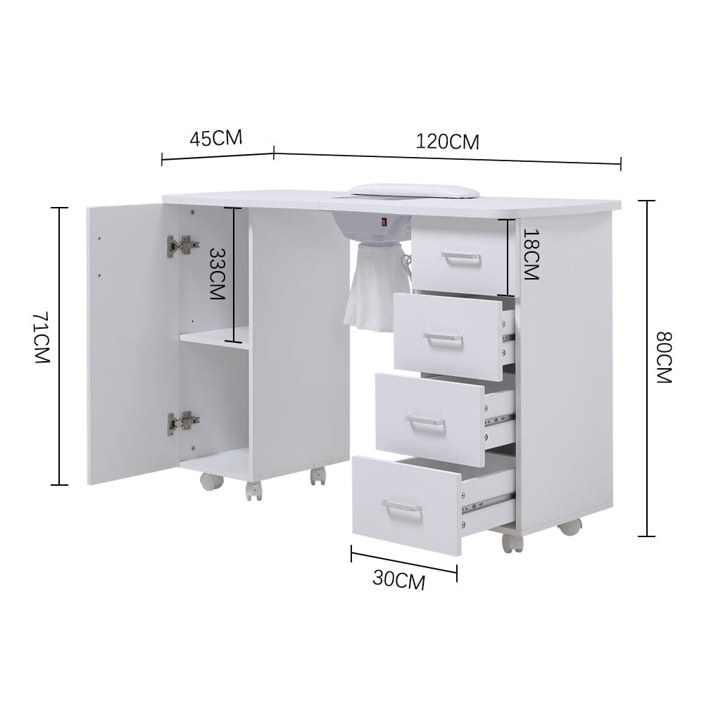 4ft Wide White Manicure Table with Dust Collector and Wrist Cushion - House Comfort