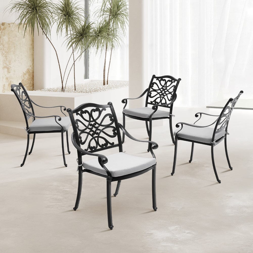 4Pcs Cast Aluminum Patio Dining Armchair with Black Frame and white Cushions - House Comfort