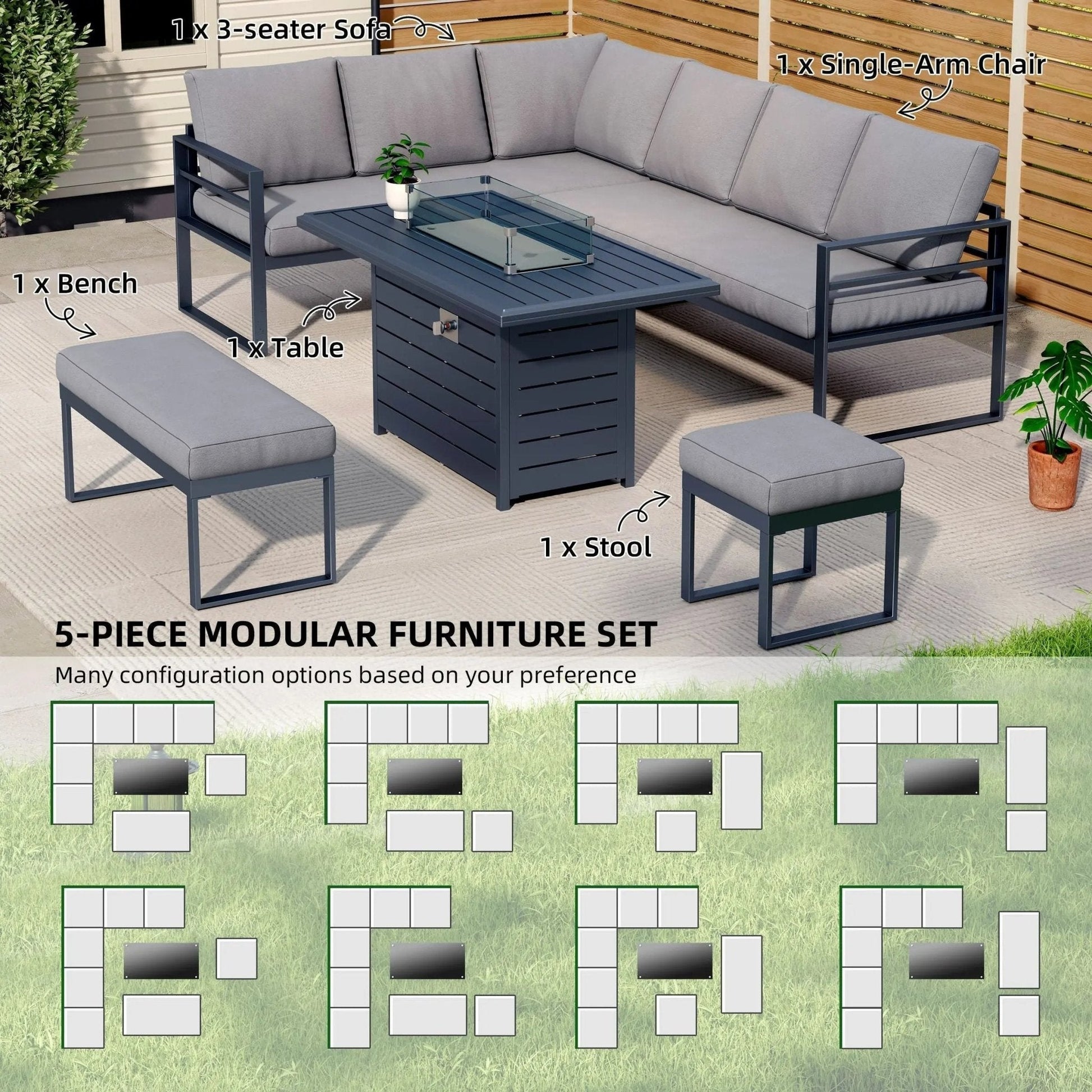5 Piece Metal Sectional Garden Furniture Set Outdoor Corner Sofa with Cushions and Heated Table - House Comfort