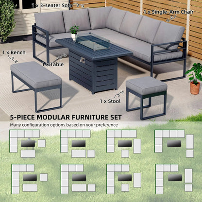 5 Piece Metal Sectional Garden Furniture Set Outdoor Corner Sofa with Cushions and Heated Table - House Comfort