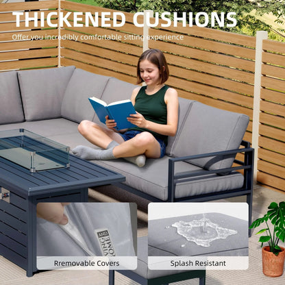 5 Piece Metal Sectional Garden Furniture Set Outdoor Corner Sofa with Cushions and Heated Table - House Comfort