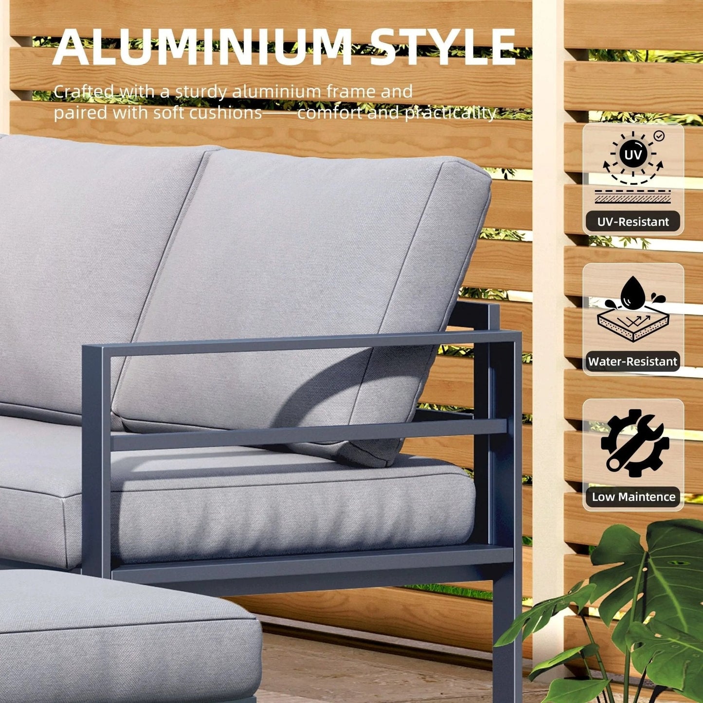 5 Piece Metal Sectional Garden Furniture Set Outdoor Corner Sofa with Cushions and Heated Table - House Comfort