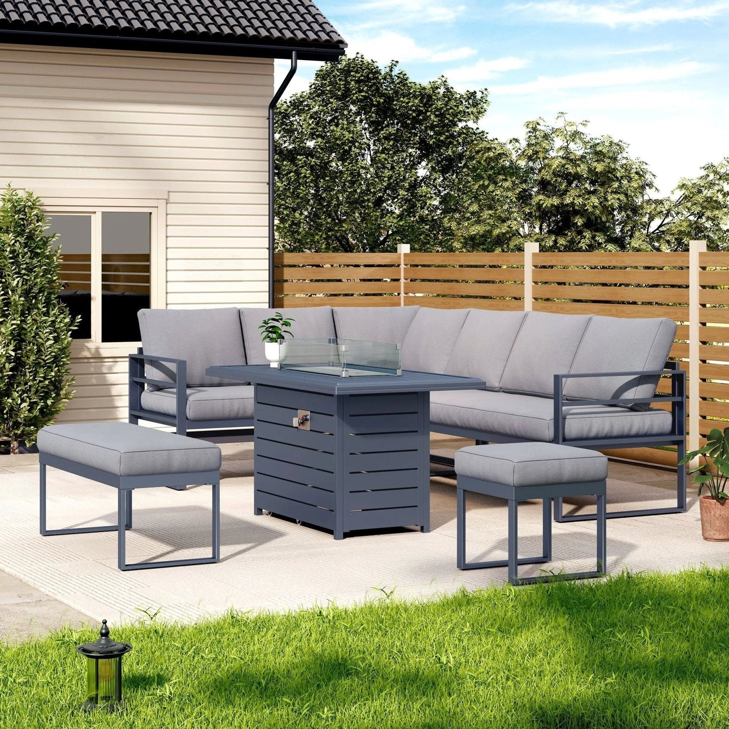 5 Piece Metal Sectional Garden Furniture Set Outdoor Corner Sofa with Cushions and Heated Table - House Comfort