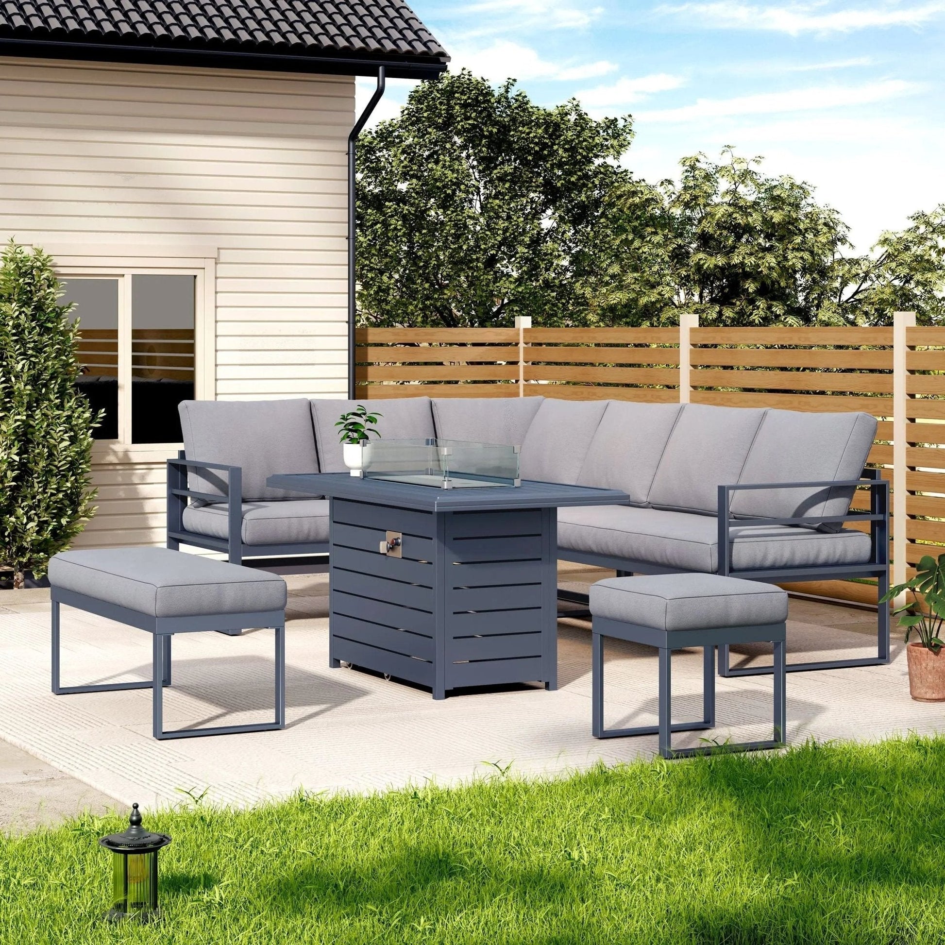 5 Piece Metal Sectional Garden Furniture Set Outdoor Corner Sofa with Cushions and Heated Table - House Comfort