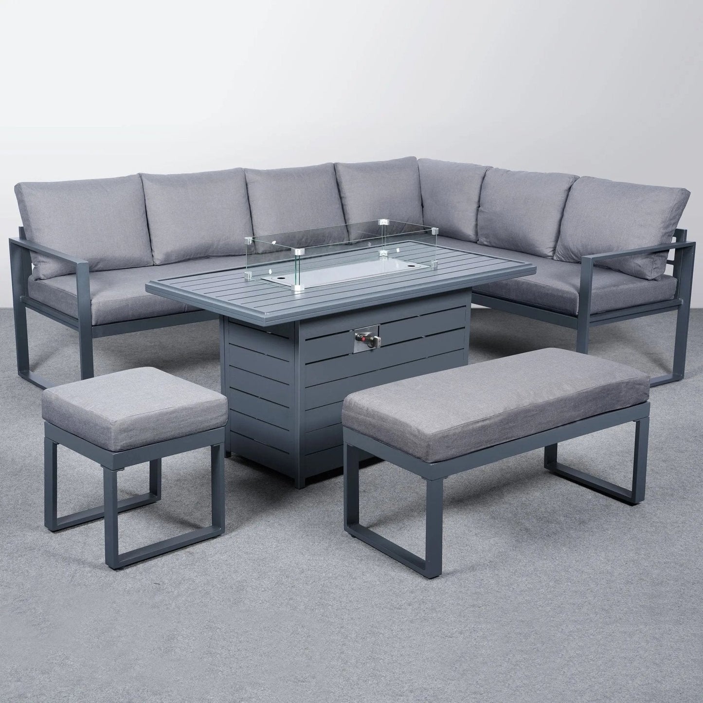 5 Piece Metal Sectional Garden Furniture Set Outdoor Corner Sofa with Cushions and Heated Table - House Comfort