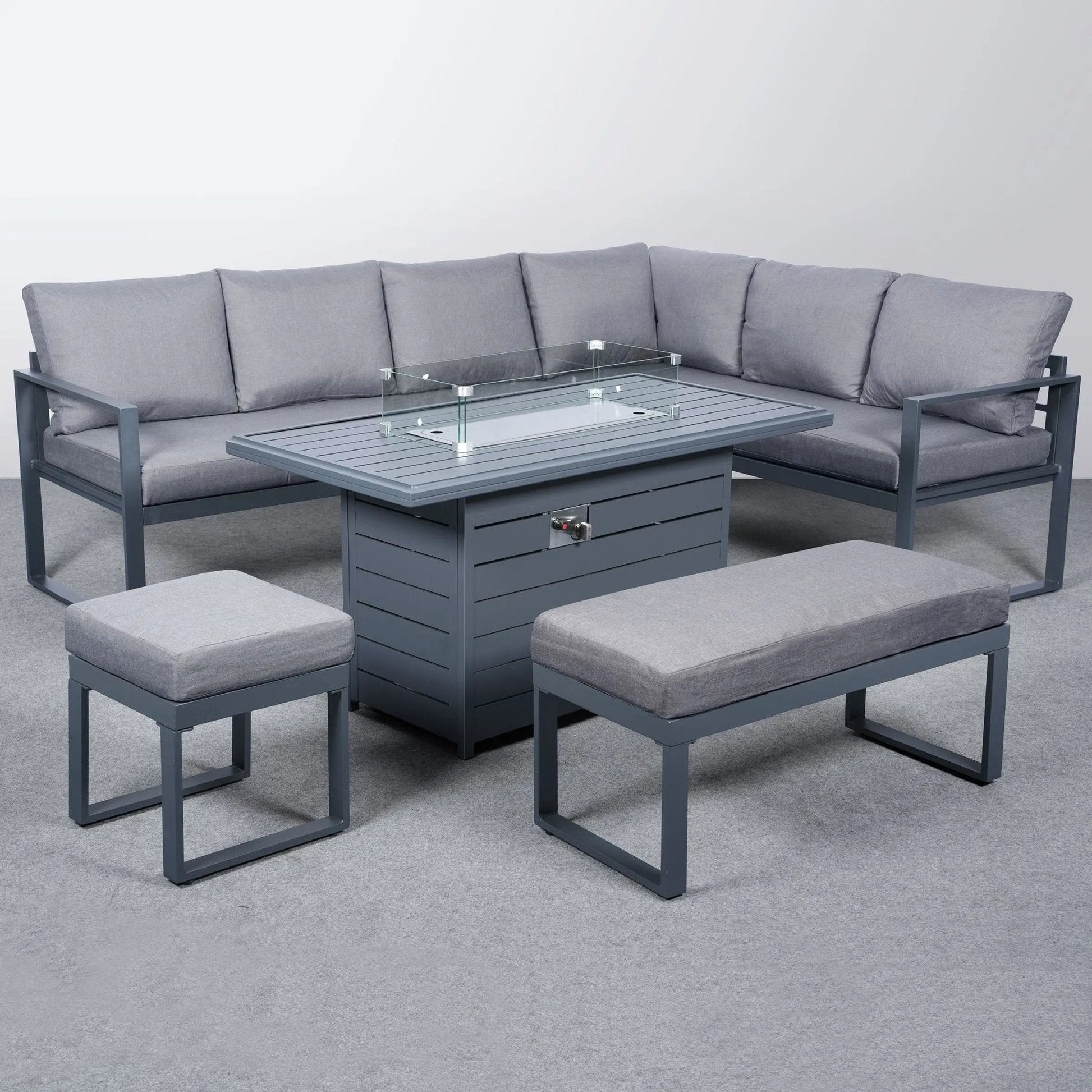 5 Piece Metal Sectional Garden Furniture Set Outdoor Corner Sofa with Cushions and Heated Table - House Comfort