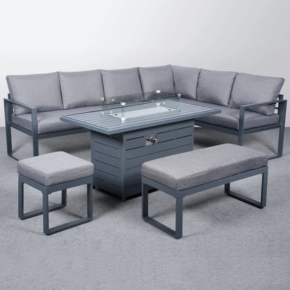 5 Piece Metal Sectional Garden Furniture Set Outdoor Corner Sofa with Cushions and Heated Table - House Comfort