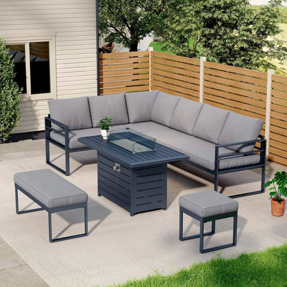 5 Piece Metal Sectional Garden Furniture Set Outdoor Corner Sofa with Cushions and Heated Table - House Comfort