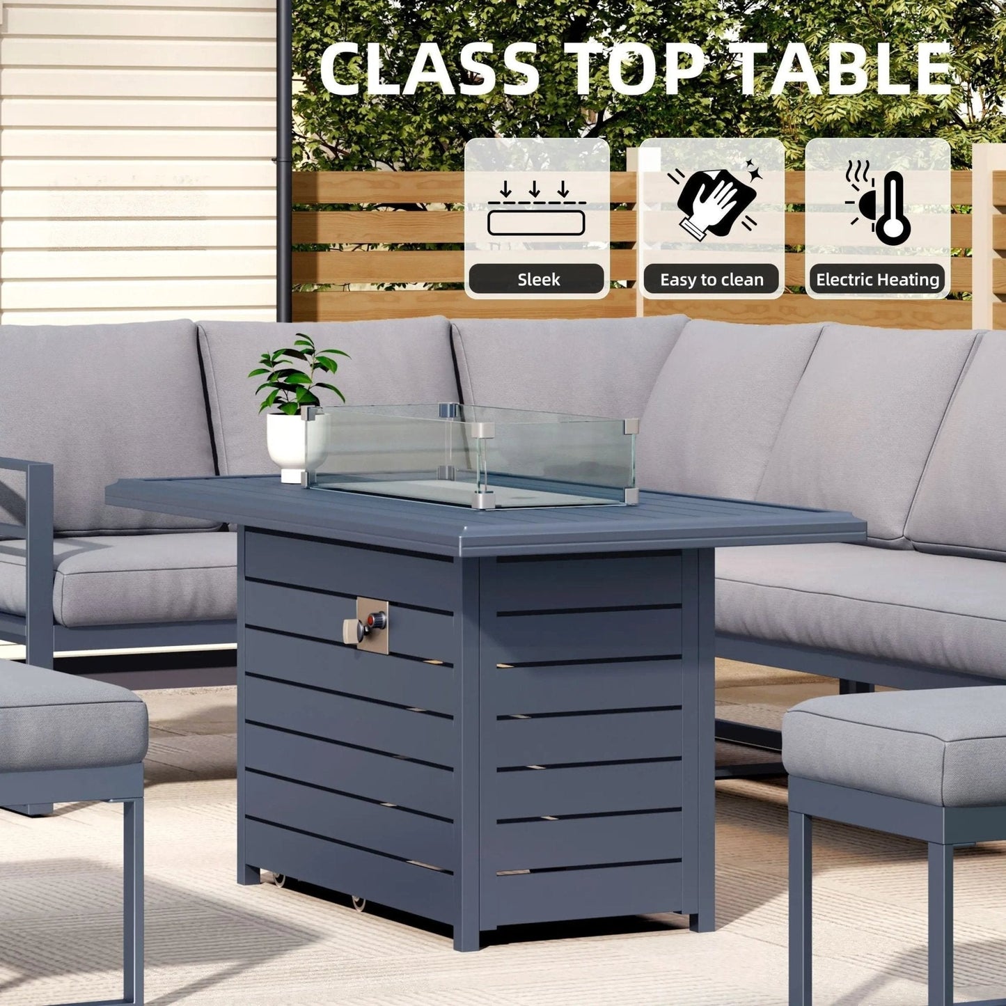 5 Piece Metal Sectional Garden Furniture Set Outdoor Corner Sofa with Cushions and Heated Table - House Comfort